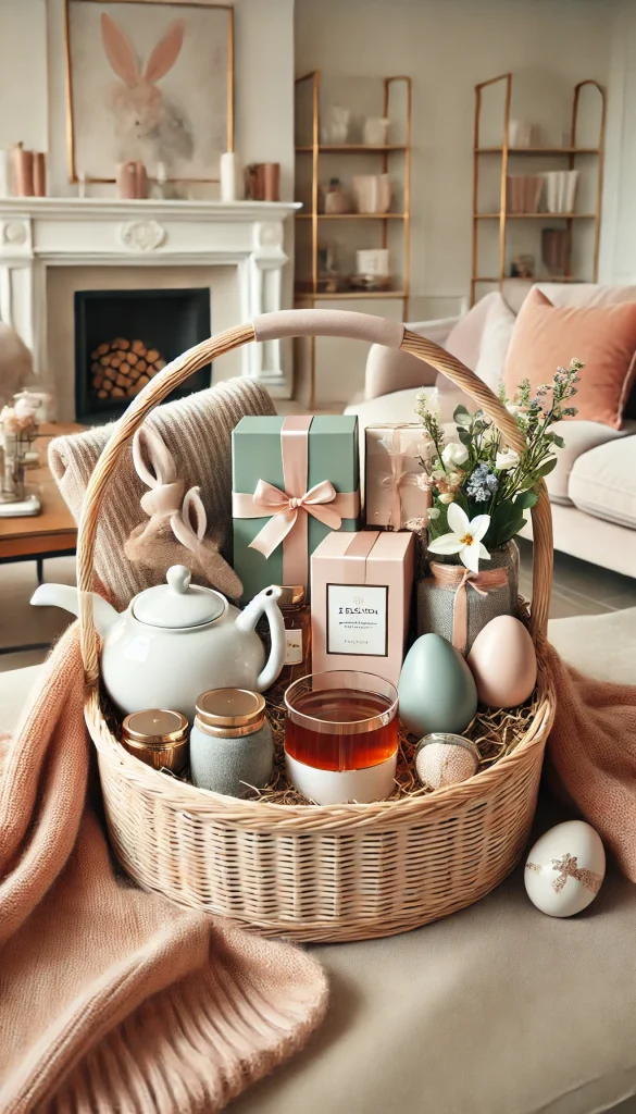 A chic adult Easter basket filled with a selection of luxury teas, a teapot, a cozy blanket, and a few decorative Easter eggs. The basket is arranged with a minimalist design, using soft pastel colors for a calming and elegant atmosphere. The setting is a well-lit living room with a modern aesthetic and plush furnishings.