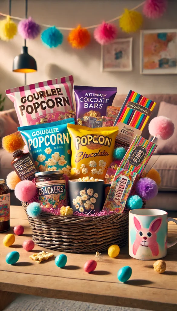 A fun and quirky adult Easter basket featuring a variety of gourmet popcorn, chocolate bars, artisanal crackers, and a fun mug. The basket is arranged with vibrant colors and playful decorations like pom-poms and small, colorful Easter eggs. The setting is a cozy living room with a cheerful and relaxed vibe, and soft lighting enhances the playful atmosphere.