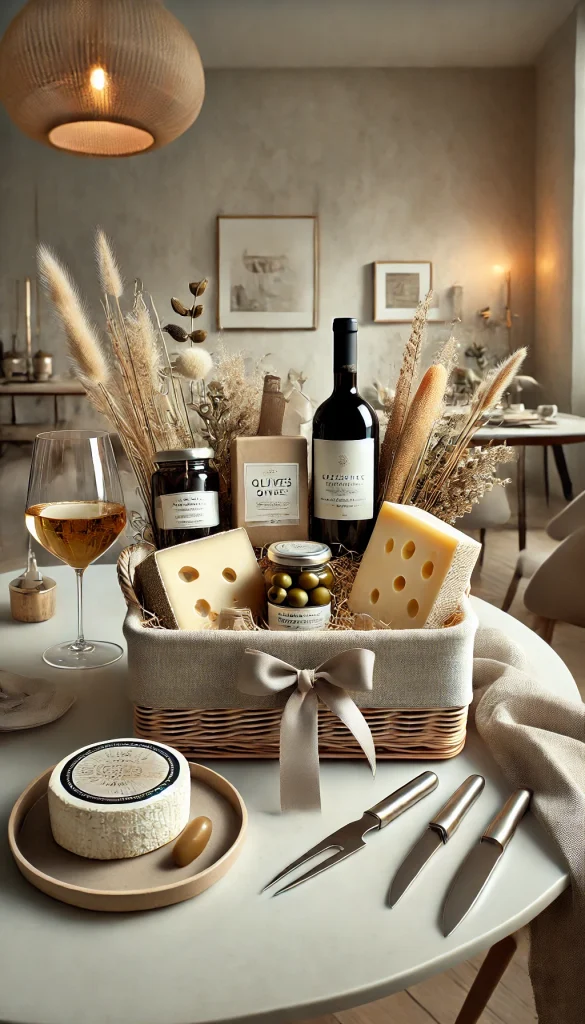 A chic adult Easter basket featuring a selection of artisanal cheeses, a jar of gourmet olives, a bottle of wine, and a set of stylish cheese knives. The basket is arranged with neutral tones and elegant textures, creating a refined look. The setting is a modern dining area with soft, ambient lighting, perfect for a sophisticated Easter celebration.
