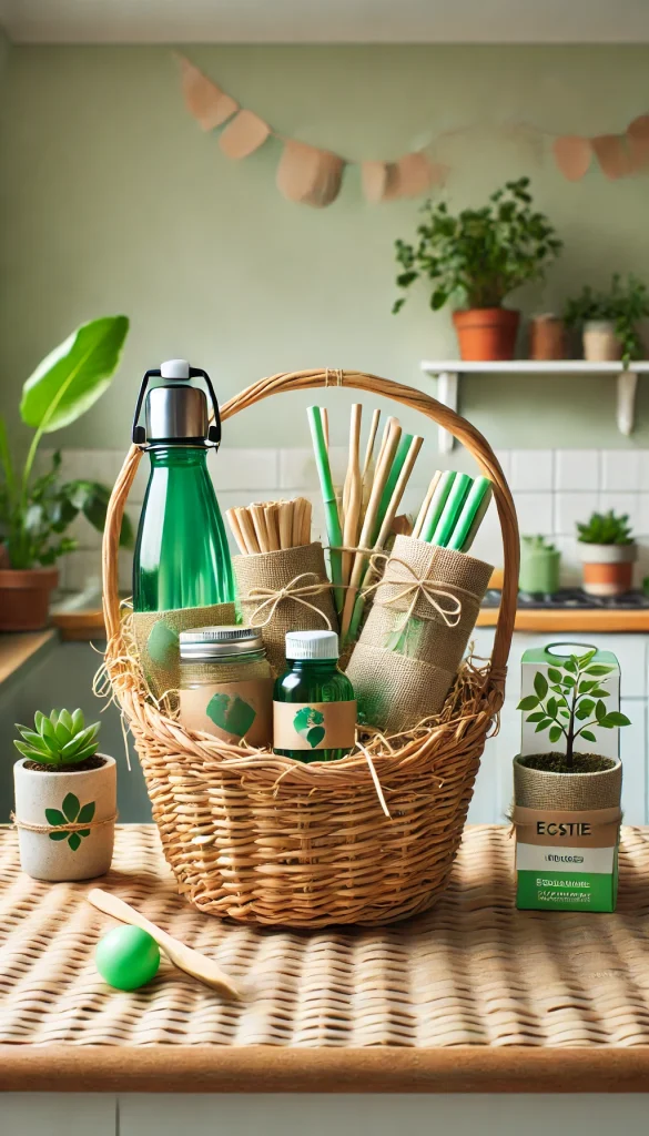 An eco-friendly adult Easter basket filled with sustainable items such as reusable water bottles, a bamboo straw set, a potted plant, and eco-conscious toiletries. The basket is lined with natural, brown paper, and the items are arranged to highlight their environmentally friendly design. The setting is a clean, green space with natural lighting and plant accents.