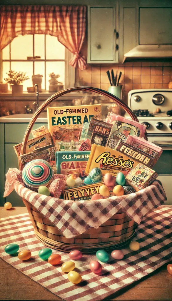 A vintage-style adult Easter basket filled with a variety of classic candies, old-fashioned chocolate bars, and some colorful jelly beans. The basket is arranged with nostalgic items, including a small toy, and lined with gingham-patterned tissue paper. The setting is a retro kitchen with soft, warm lighting, creating a cozy and playful atmosphere.