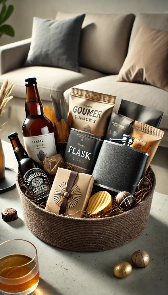 A modern and sleek adult Easter basket filled with high-end gourmet snacks, a bottle of craft beer, a personalized flask, and a few artisanal chocolates. The basket is neatly arranged with premium items and is lined with dark-colored tissue paper. The setting is a contemporary living room with minimal decor and soft, natural lighting.