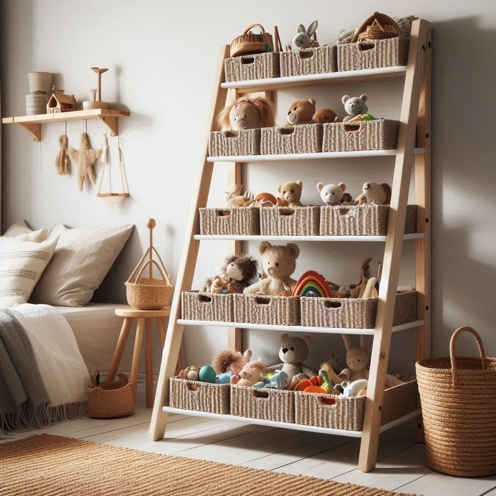 A leaning ladder-style shelf repurposed for toy storage, each tier filled with neatly arranged toys and baskets. The room has a rustic-modern vibe, with white walls, a jute rug, and cozy textiles.
