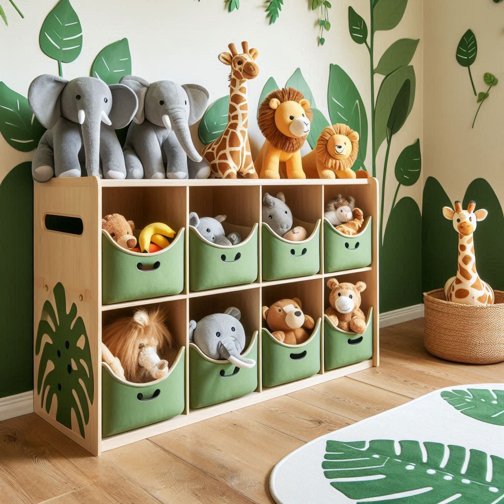 An animal-themed toy organizer with cubbies shaped like elephants, lions, and giraffes. The space is jungle-themed, with green leaf decals on the walls, a leaf-shaped playmat, and soft jungle animal toys inside the organizer.