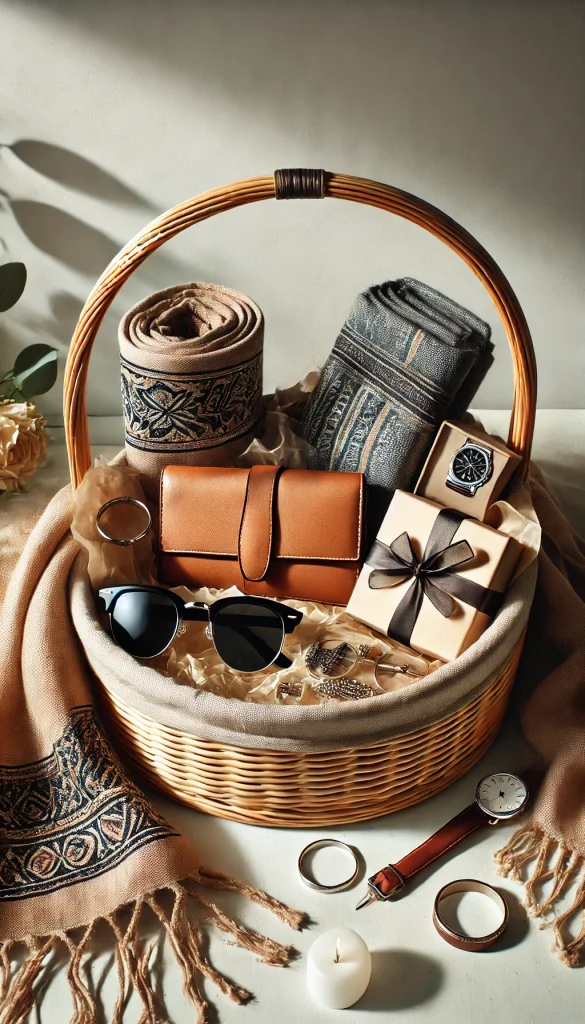 A trendy adult Easter basket filled with fashionable accessories like a stylish scarf, a pair of sunglasses, a leather wallet, and a set of fine jewelry. The basket is lined with neutral-toned tissue paper, and the items are arranged neatly to create a chic and modern look. The setting is a minimalist room with natural light highlighting the items, creating a fresh, fashionable atmosphere.