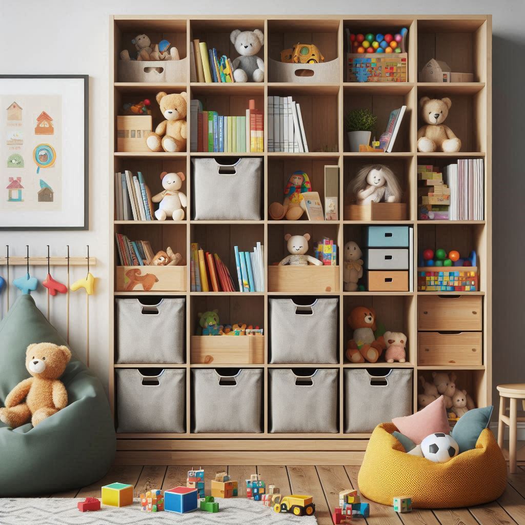 A functional bookshelf with lower bins for toys and upper shelves for children’s books. The storage is styled with colorful books, wooden puzzles, and stuffed animals. A reading nook with bean bags is set up beside it.