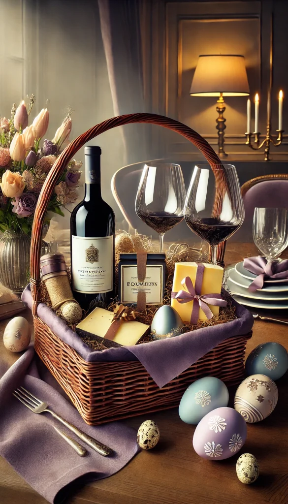 A sophisticated adult Easter basket featuring a bottle of luxury wine, a pair of elegant wine glasses, a selection of fine cheeses, and a few decorative Easter eggs. The basket is lined with a rich purple tissue paper, and the items are arranged elegantly. The setting is a refined dining area with soft lighting, giving the atmosphere an upscale and festive feel.