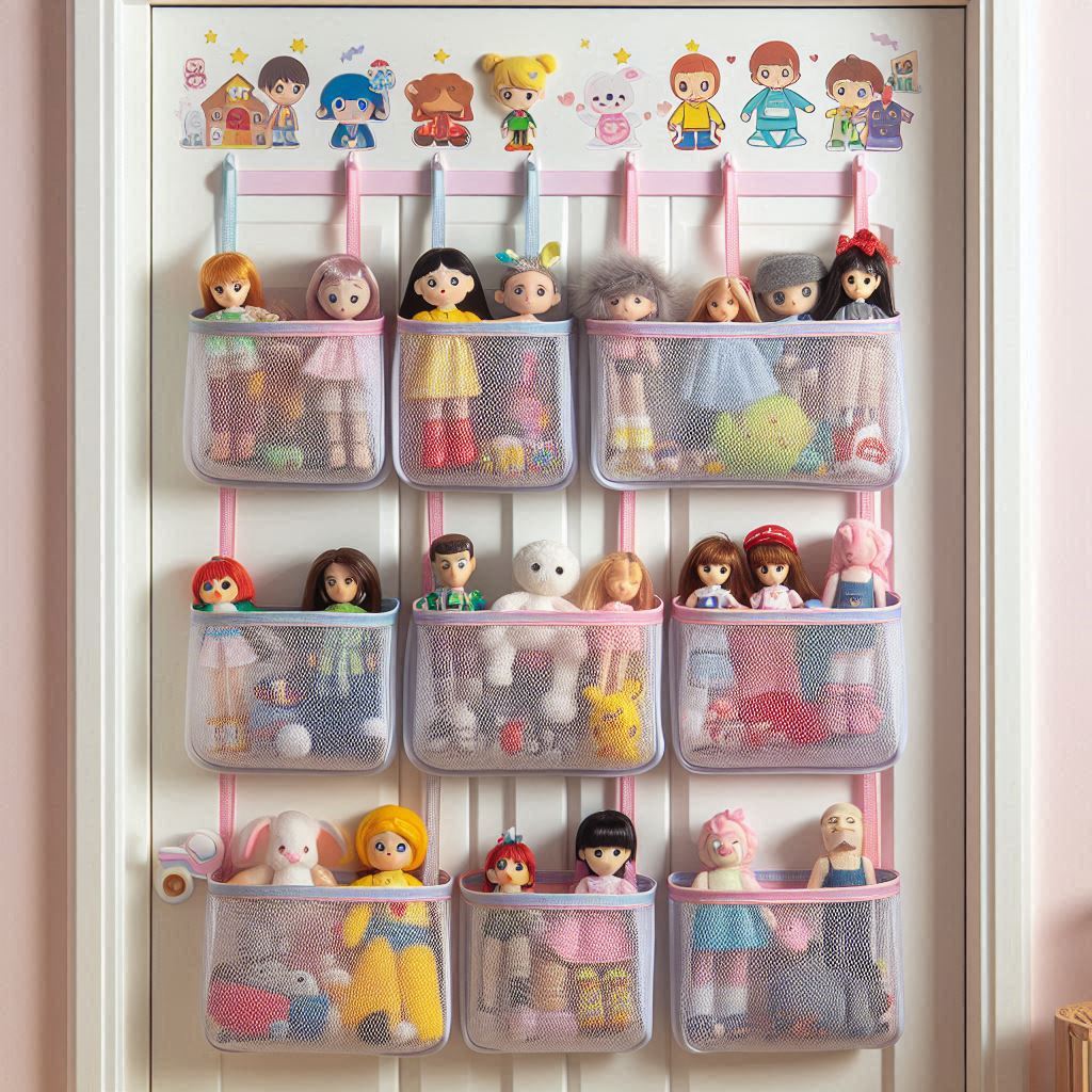 An over-the-door hanging toy organizer with transparent mesh pockets filled with dolls, plushies, and small action figures. Perfect for tight spaces, with a colorful and playful design. The door is white with cartoon decals around the frame.