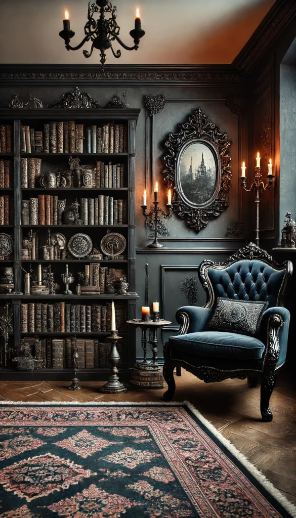A gothic-inspired book nook with dark, moody colors and vintage decor. The nook features ornate black bookshelves filled with classic gothic literature, a velvet armchair, and antique candle holders. The room is lit with flickering candles and adorned with wrought-iron details, creating a mysterious and atmospheric reading space with a Victorian gothic vibe.