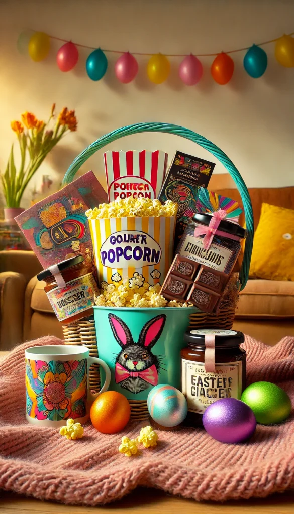 A fun and quirky adult Easter basket filled with gourmet popcorn, a few jars of specialty jams, a colorful mug, and a selection of artisanal chocolate bars. The basket is arranged with vibrant, bold colors, and a few decorative Easter eggs are scattered around the items. The setting is a cozy living room with a playful, cheerful atmosphere, and the soft lighting adds a warm touch.