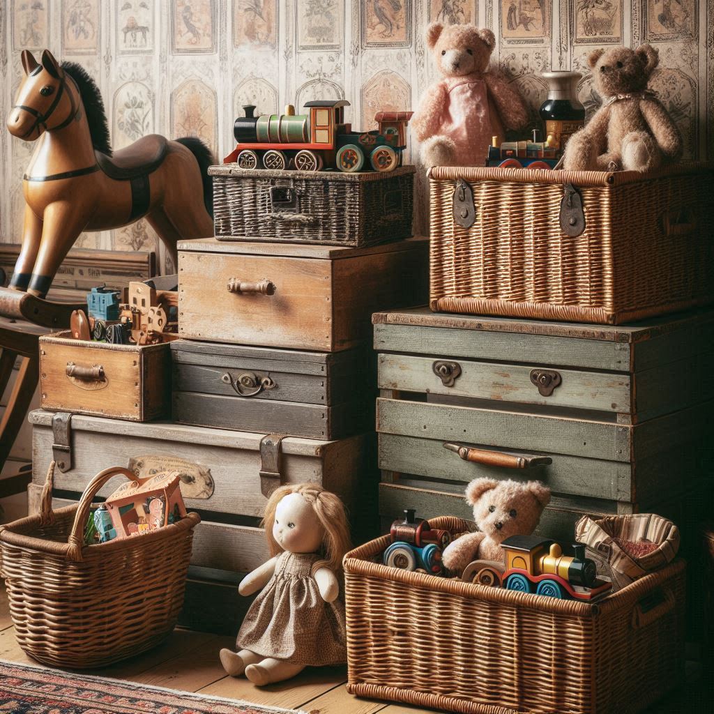 A vintage-style toy organizer with distressed wooden crates, old-school metal bins, and wicker baskets. Toys include classic items like wooden trains, dolls, and plush animals. The background features antique wallpaper and a rocking horse.