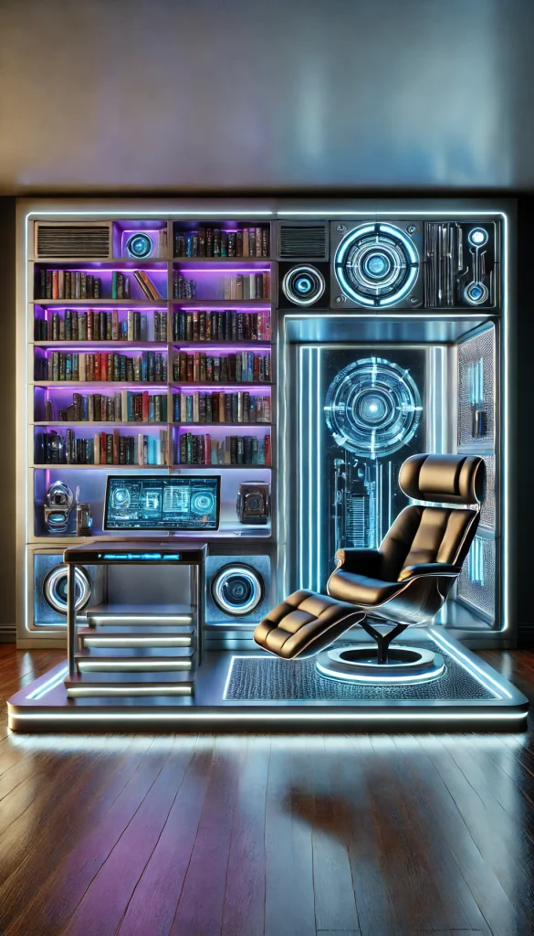 A futuristic, sci-fi inspired book nook with sleek metallic shelves, holographic lighting, and a high-tech lounge chair. The nook features a glowing bookshelf with futuristic books, digital displays, and a sleek, modern desk. The space is illuminated with blue and purple neon lights, creating a futuristic and cutting-edge atmosphere perfect for reading in a world of technology.
