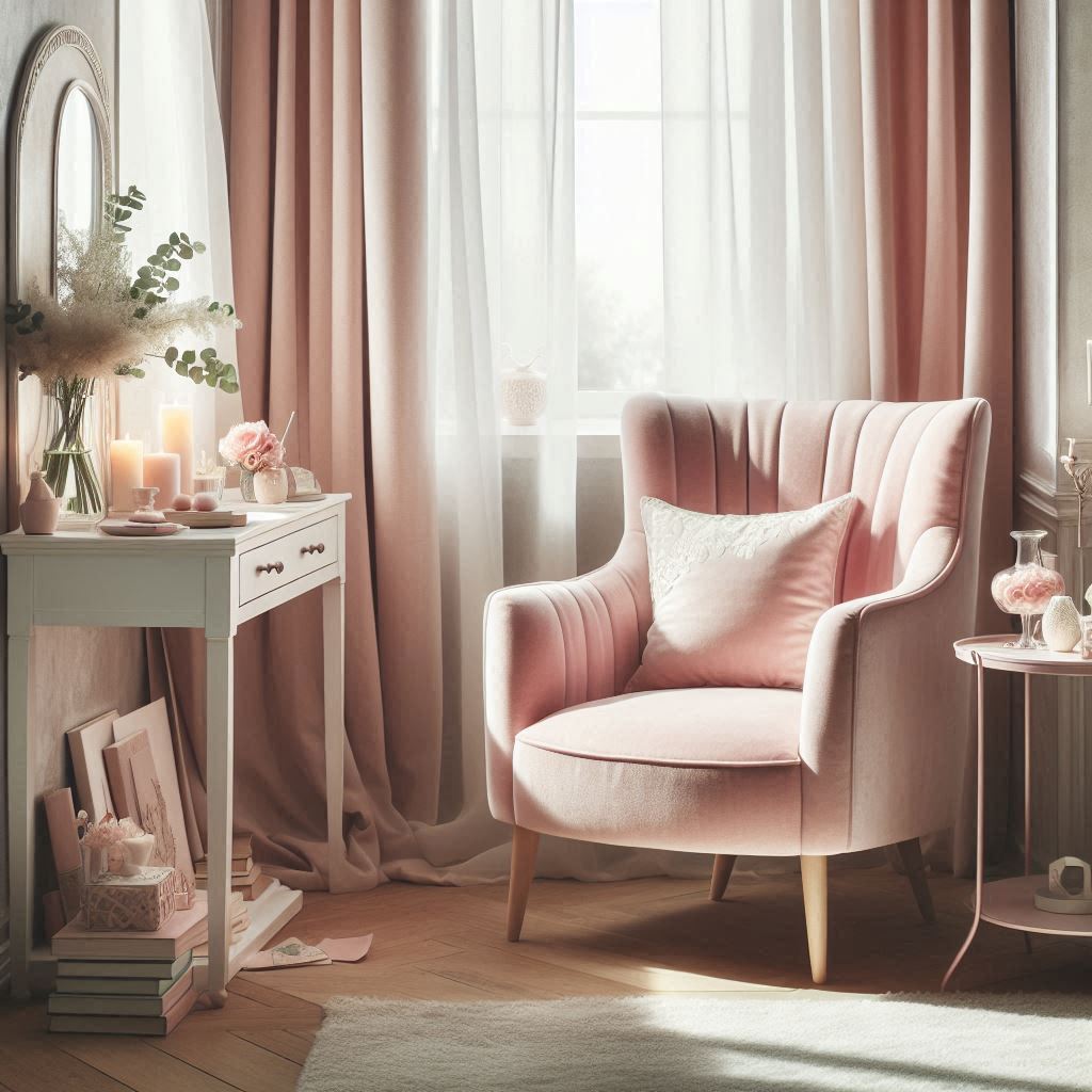 A soft, feminine nook with a pastel pink velvet chair near a window, double-functioning as a reading and self-care space. A nearby vanity holds a few books and candles, a vase of fresh flowers sits on the side, and light filters in through gauzy curtains. Elegant, calming, and stylish.