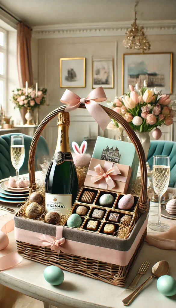 A stylish adult Easter basket featuring a selection of gourmet chocolates, a bottle of champagne, and a few festive Easter-themed decorations. The basket is arranged with a sophisticated touch, including pastel-colored accents. The setting is a chic dining room with soft lighting, creating an elegant and festive atmosphere.