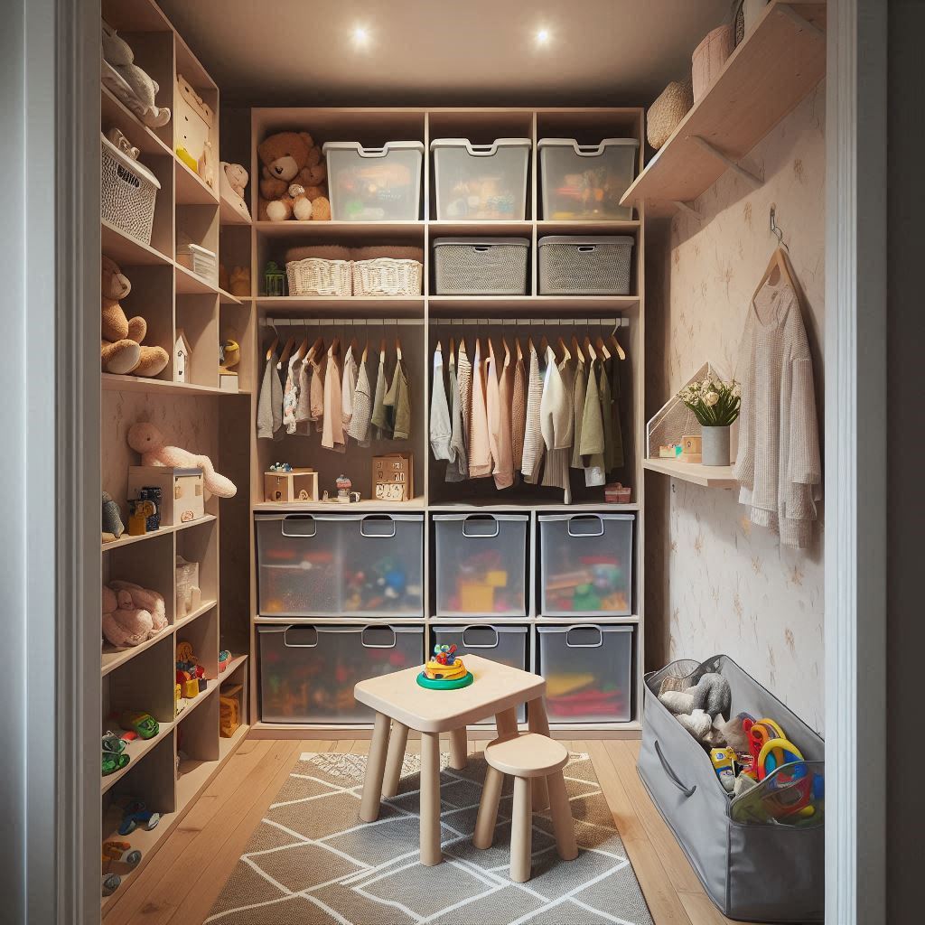 A small walk-in closet converted into a toy storage nook. Wall-mounted shelves, clear bins, hanging mesh organizers, and a fold-out play table. Neutral walls and soft lighting make it feel like a secret playroom.