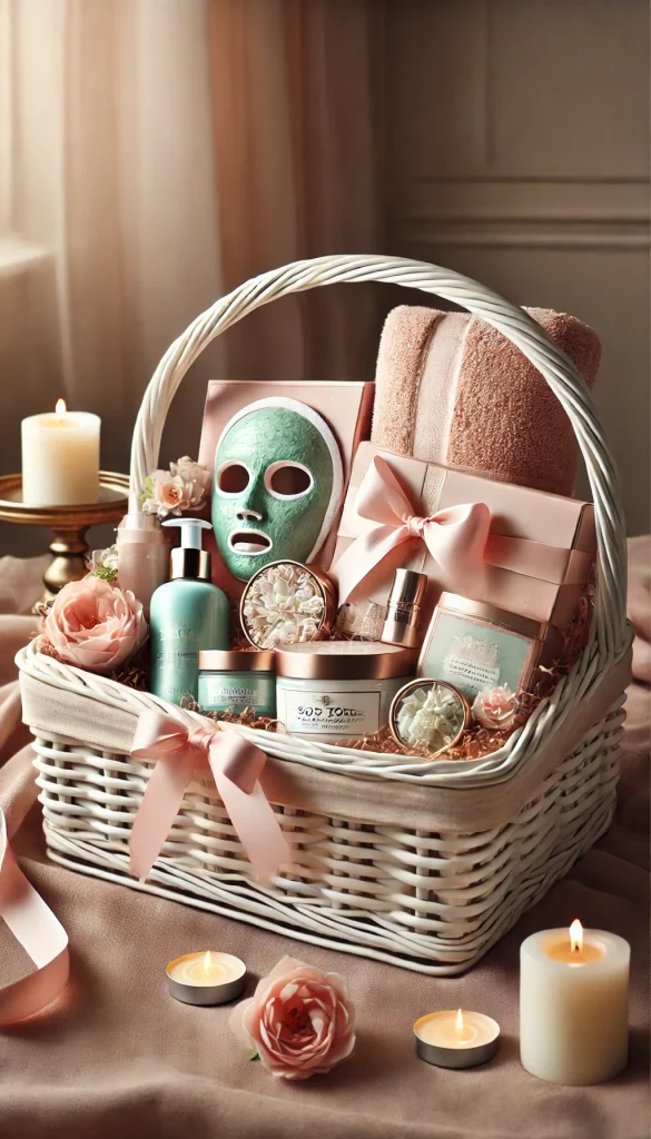 A luxurious adult Easter basket filled with high-end skincare products and a spa towel. The basket includes a premium face mask, a body scrub, a luxurious lotion, and a scented candle. The items are arranged elegantly in a wicker basket, lined with soft pastel tissue paper. The setting is a calming spa-like environment, with soft lighting and a serene atmosphere.