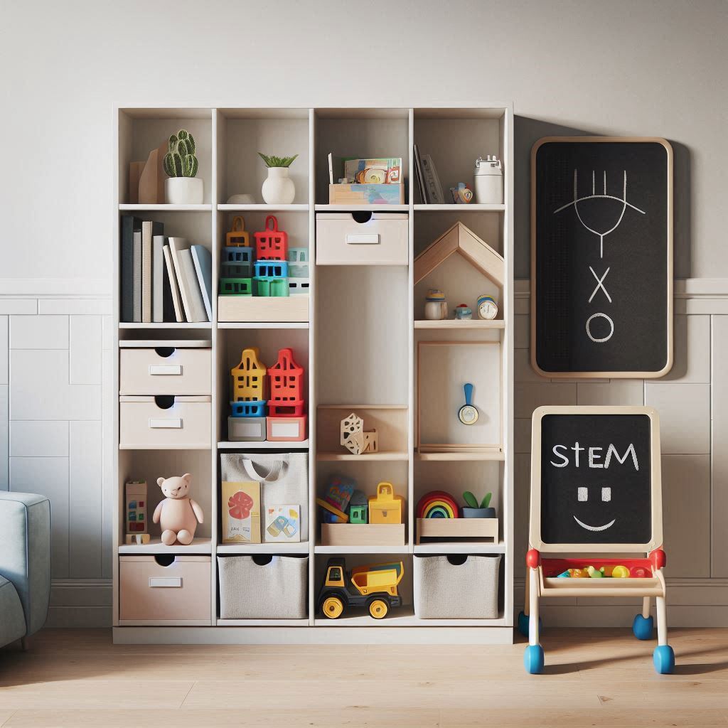 A modern toy storage wall with built-in learning zones — one area for books, another for STEM toys, and a mini chalkboard easel attached. Shelves are open and low for accessibility, labeled clearly. Clean Scandinavian style with muted primary colors.