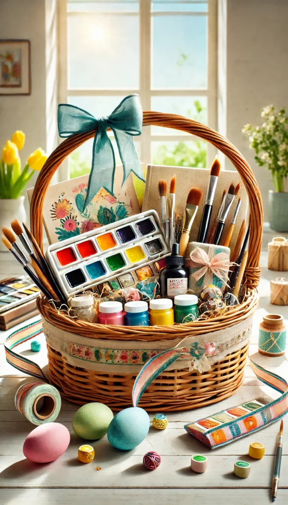 A unique adult Easter basket filled with creative, artsy items. It includes a set of watercolor paints, brushes, sketch pads, and a few fun craft supplies like beads and ribbons. The basket is decorated with colorful ribbons, and the setting is a bright, sunny art studio with a large window allowing natural light to illuminate the scene.