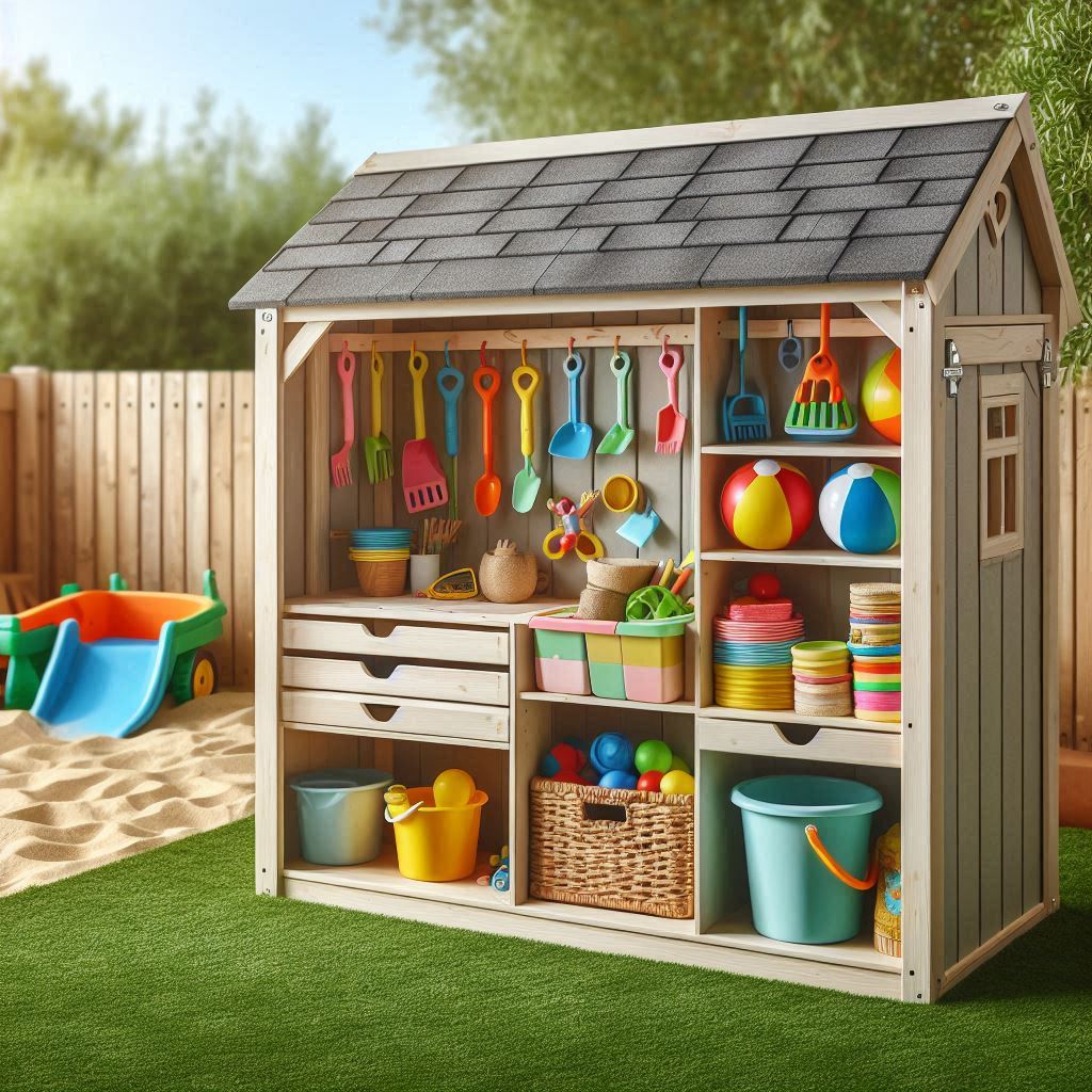 A kid-sized outdoor toy shed with open shelves, hooks, and bins for organizing outdoor play gear like balls, buckets, shovels, and water toys. The shed is painted in fun colors and placed in a backyard with green grass and a sandbox nearby.