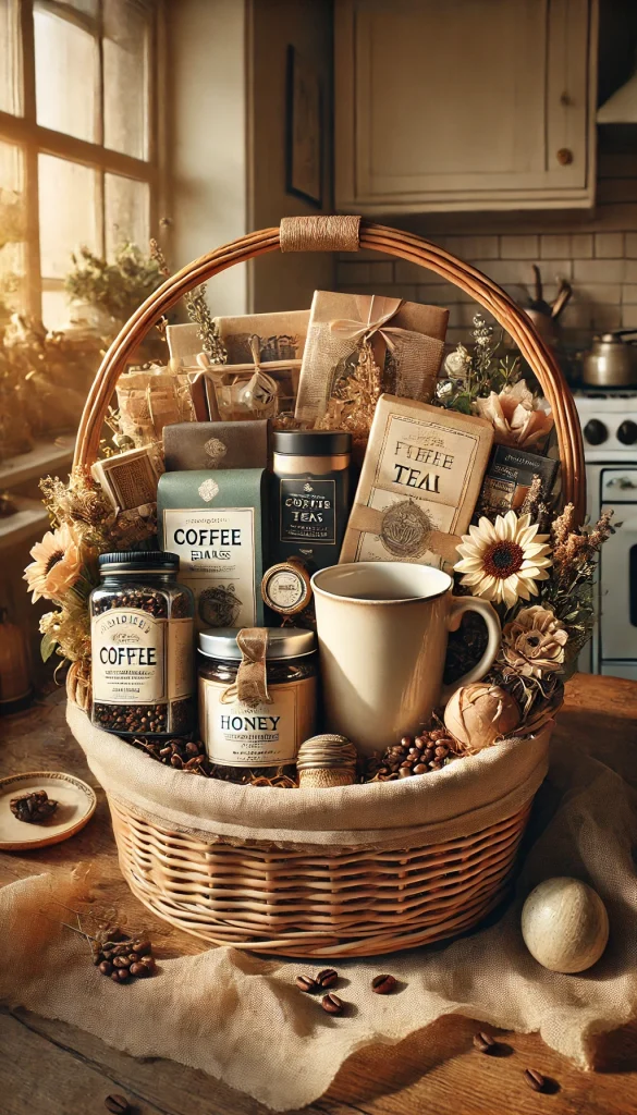 An elegant adult Easter basket filled with luxury coffee and tea items. It includes a selection of gourmet coffee beans, flavored tea bags, a stylish mug, and a small jar of honey. The basket is lined with soft, earthy-toned tissue paper, and the items are arranged to create an inviting, cozy atmosphere. The setting is a warm kitchen with morning sunlight streaming through the window.