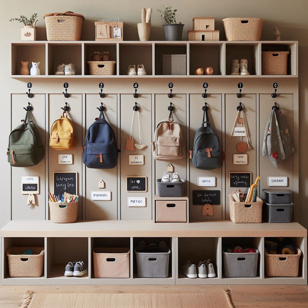 A tidy mudroom setup with cubbies for each child, including hooks for backpacks, bins for shoes, and compartments labeled for toys. Each section has the child’s name and a photo tag. Earthy tones and chalkboard signs add charm.