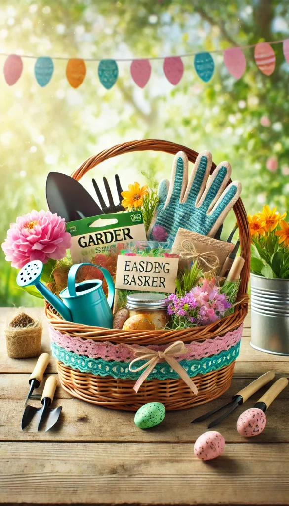 A vibrant adult Easter basket filled with gardening supplies for a spring garden lover. It includes seed packets, a pair of gloves, a small watering can, gardening tools, and a few colorful flowers. The basket is placed on a wooden table with a light and airy spring background, with greenery and soft sunlight filtering through.