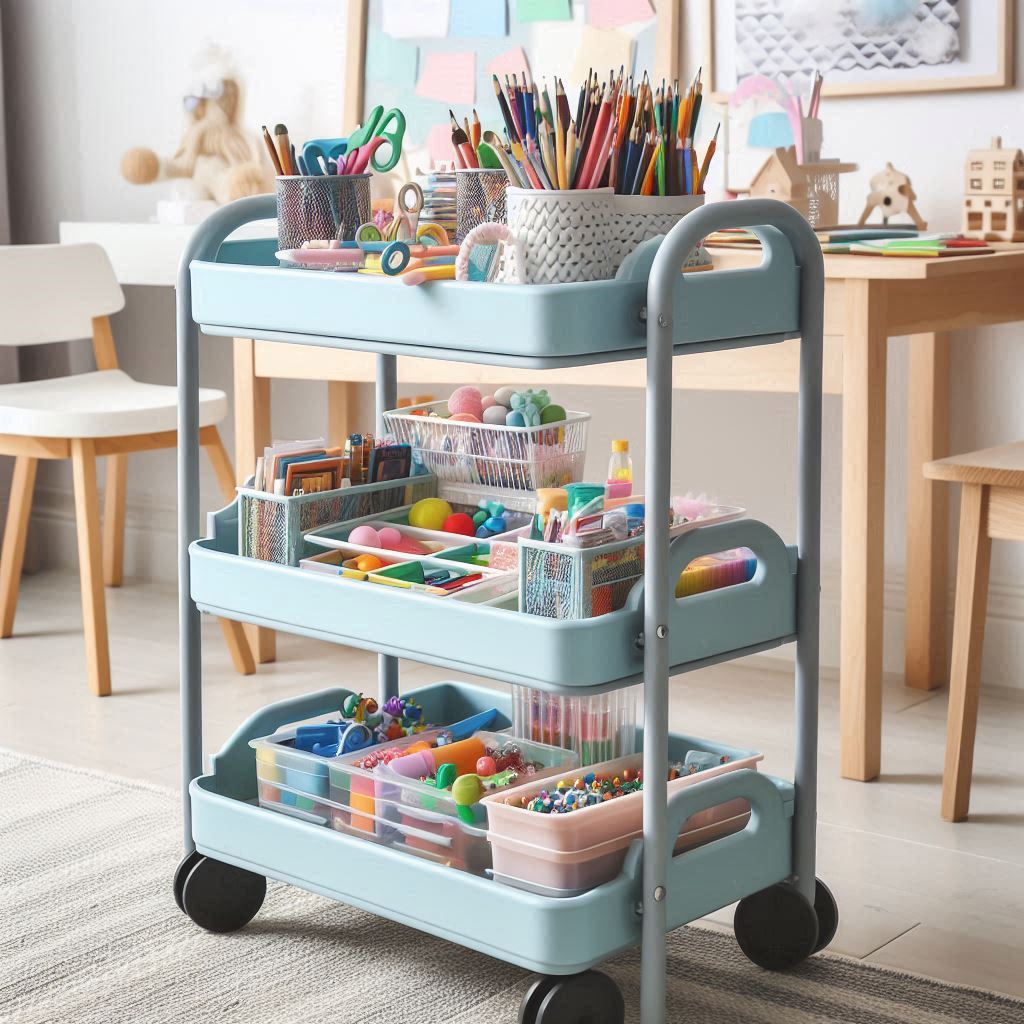 A portable rolling toy cart with multiple tiers, filled with small toys and art supplies. The cart is pastel blue and fits neatly beside a desk or play table. The room is bright and functional, ideal for creative play.