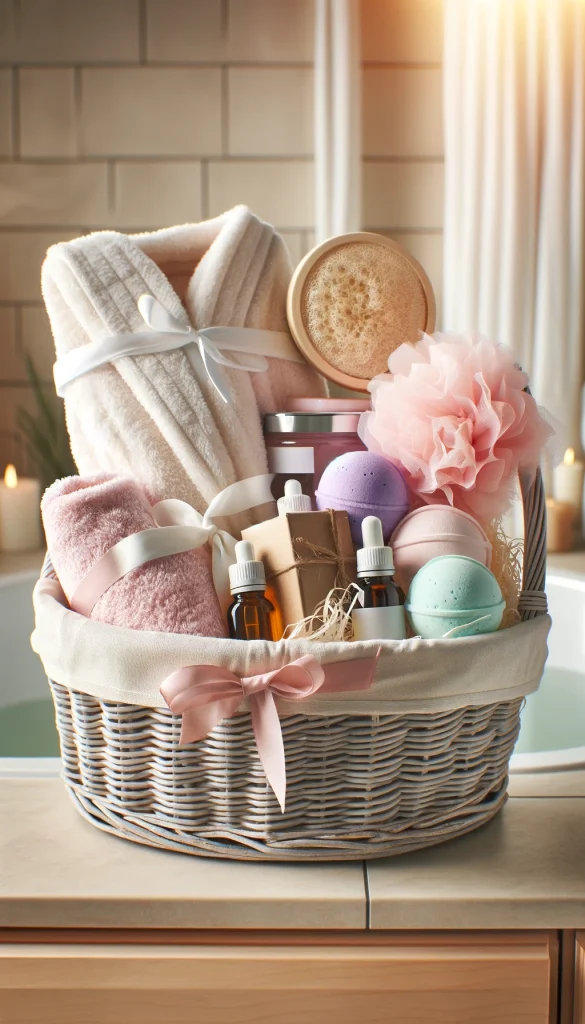 An adult Easter basket filled with items for a spa day experience. It includes a plush robe, essential oils, bath bombs, a loofah, and a scented candle. The items are arranged neatly in a wicker basket, lined with soft, light pink tissue paper. The basket is placed on a bathroom countertop with soft lighting and a peaceful, calming atmosphere.