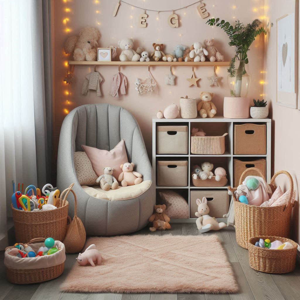 A cozy corner of a nursery transformed into a toy nook, featuring a plush rug, low toy shelf, and baskets filled with baby-safe toys. Soft colors dominate the space with fairy lights and a name banner on the wall.