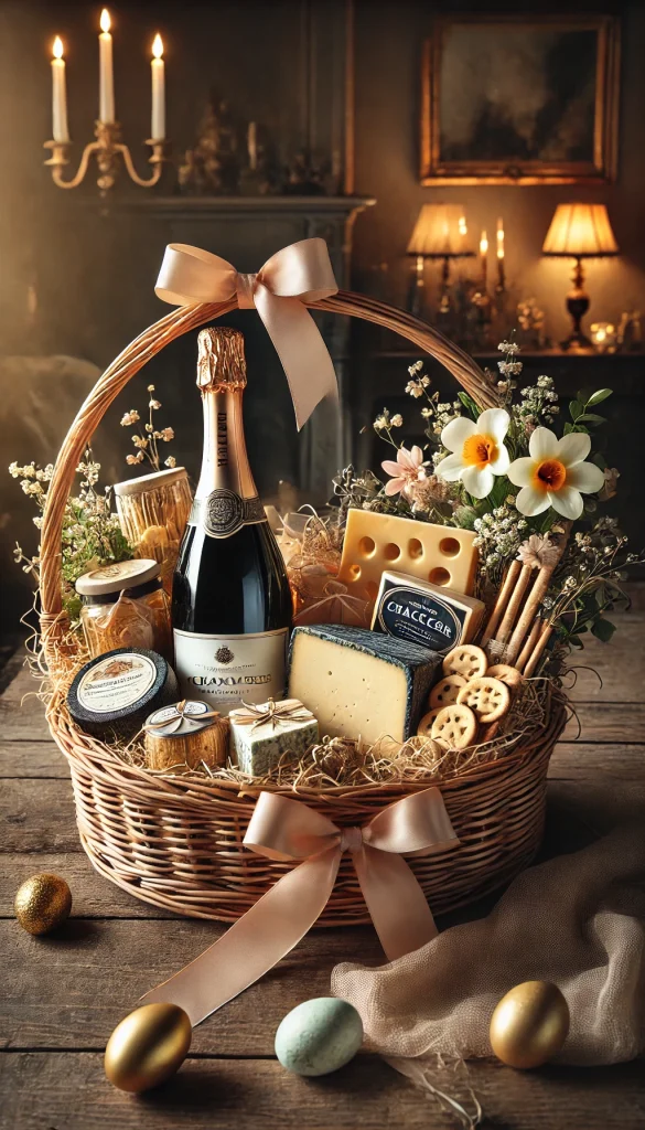 A sophisticated adult Easter basket with a theme of gourmet foods and drinks. The basket contains a selection of artisanal cheeses, crackers, a bottle of champagne, and a few decorative flowers. The basket is placed on a rustic wooden table with a cozy, elegant background of a dimly lit room with soft, golden lighting.