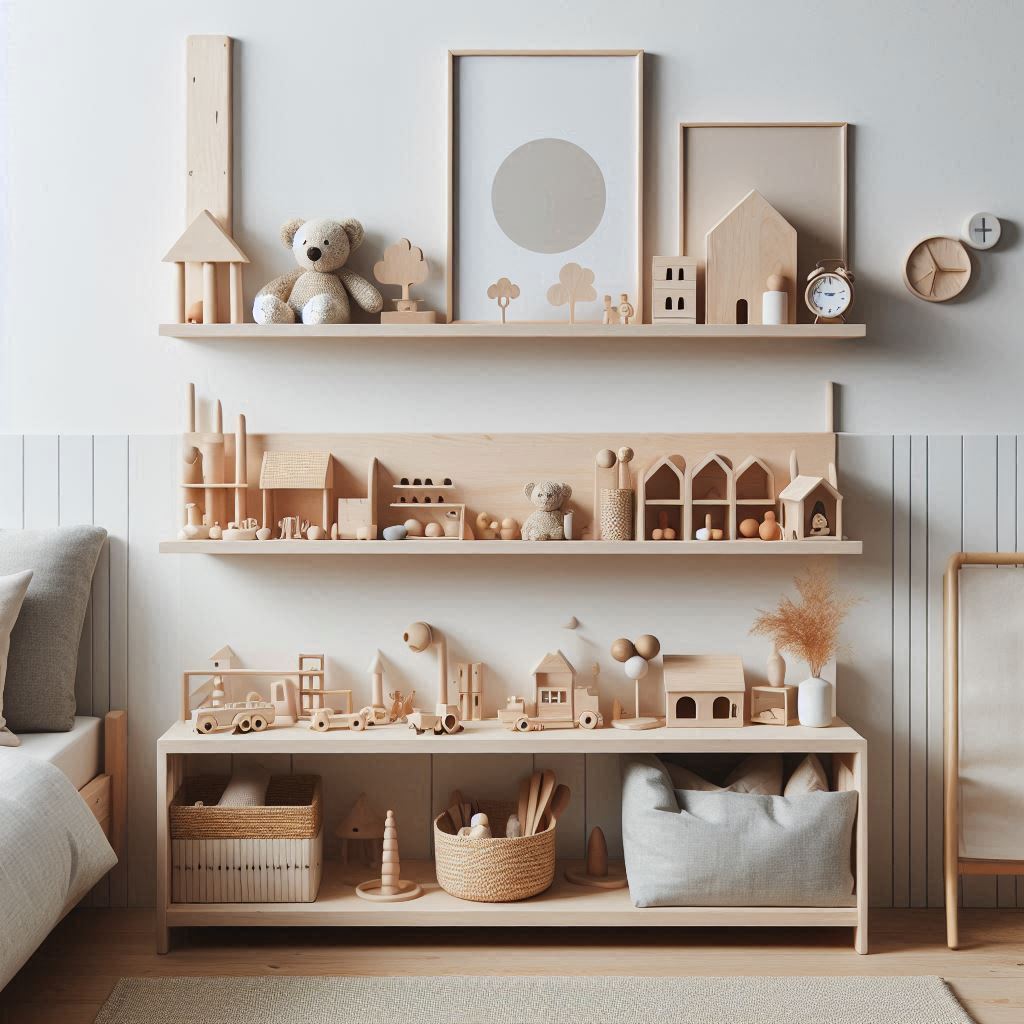 A Scandinavian-style toy organizer in a child’s minimalist bedroom. Light pine wood shelving, white walls, soft gray and beige decor. Toys are natural wood or neutral-colored, arranged artfully on shelves with plenty of white space.