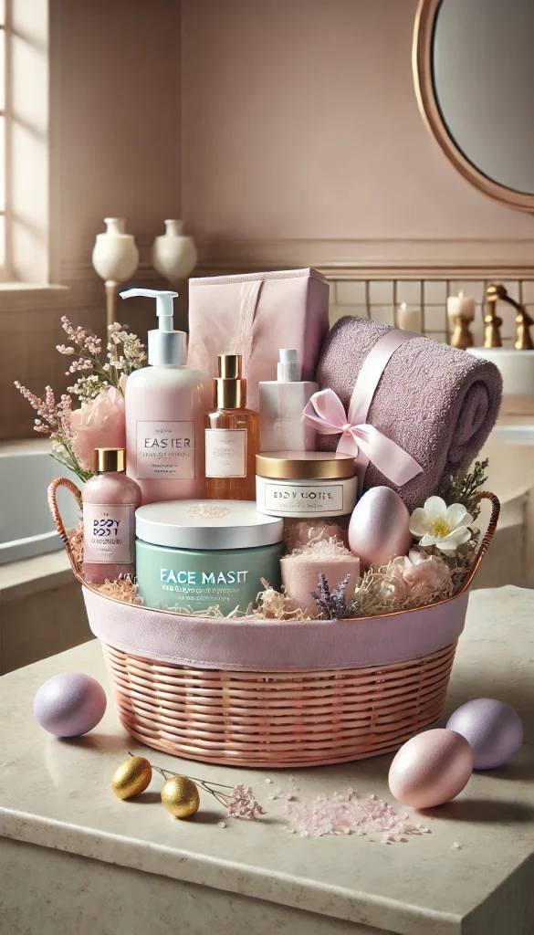 An elegant adult Easter basket filled with luxurious skincare products, such as a face mask, body lotion, bath salts, and a soft towel. The basket is lined with soft lavender-colored paper, and the items are arranged neatly. A few pastel-colored Easter eggs are included as decorative accents. The setting is a serene bathroom with a calming atmosphere, soft lighting, and a neutral-toned countertop.