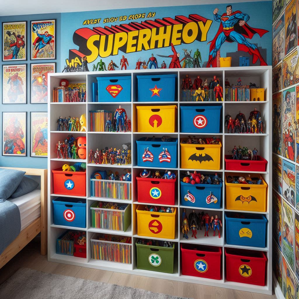 A themed toy storage unit for a superhero-themed bedroom. Bright primary colors, comic book art on the walls, and bins with superhero logos. The organizer has open cubbies with action figures, capes, and books, all neatly arranged.