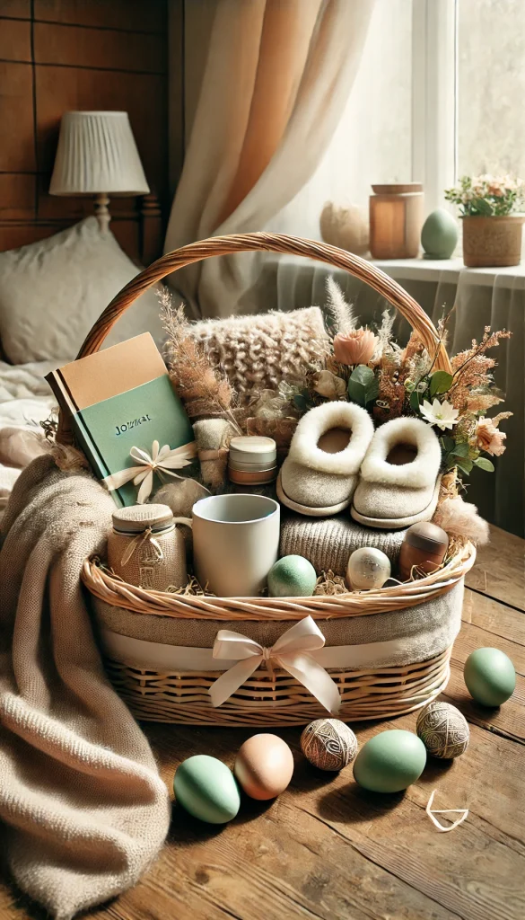 A cozy adult Easter basket designed for relaxation, featuring a fluffy throw blanket, a journal, a pair of soft slippers, a mug with a tea sampler, and some decorative Easter eggs. The basket is arranged with earthy tones like beige and sage green, creating a warm and inviting atmosphere. The setting includes a wooden table and a window with soft sunlight streaming in.