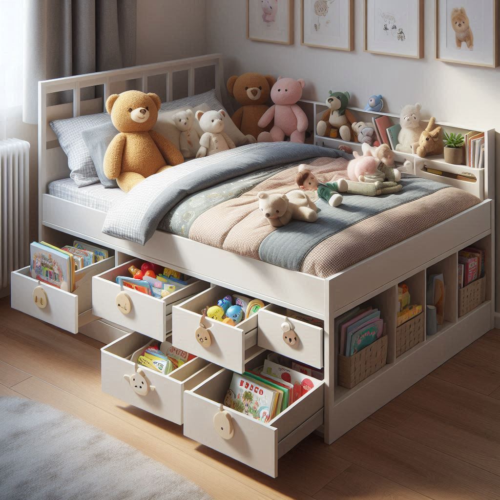 A children’s bed frame with built-in drawers underneath, filled with toys and books. The bed has a cozy quilt and stuffed animals on top, and the drawers are labeled with cute icons. The room is compact but organized and tidy.