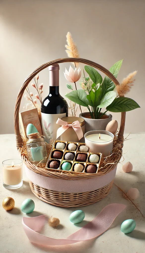 A creative and elegant adult Easter basket filled with gourmet chocolates, a bottle of fine wine, a scented candle, and a small potted plant. The basket is lined with pastel-colored tissue paper, and the overall theme is sophisticated and spring-inspired. The setting is bright and airy, with soft lighting highlighting the items. The background is a simple, neutral-toned surface to make the basket stand out.