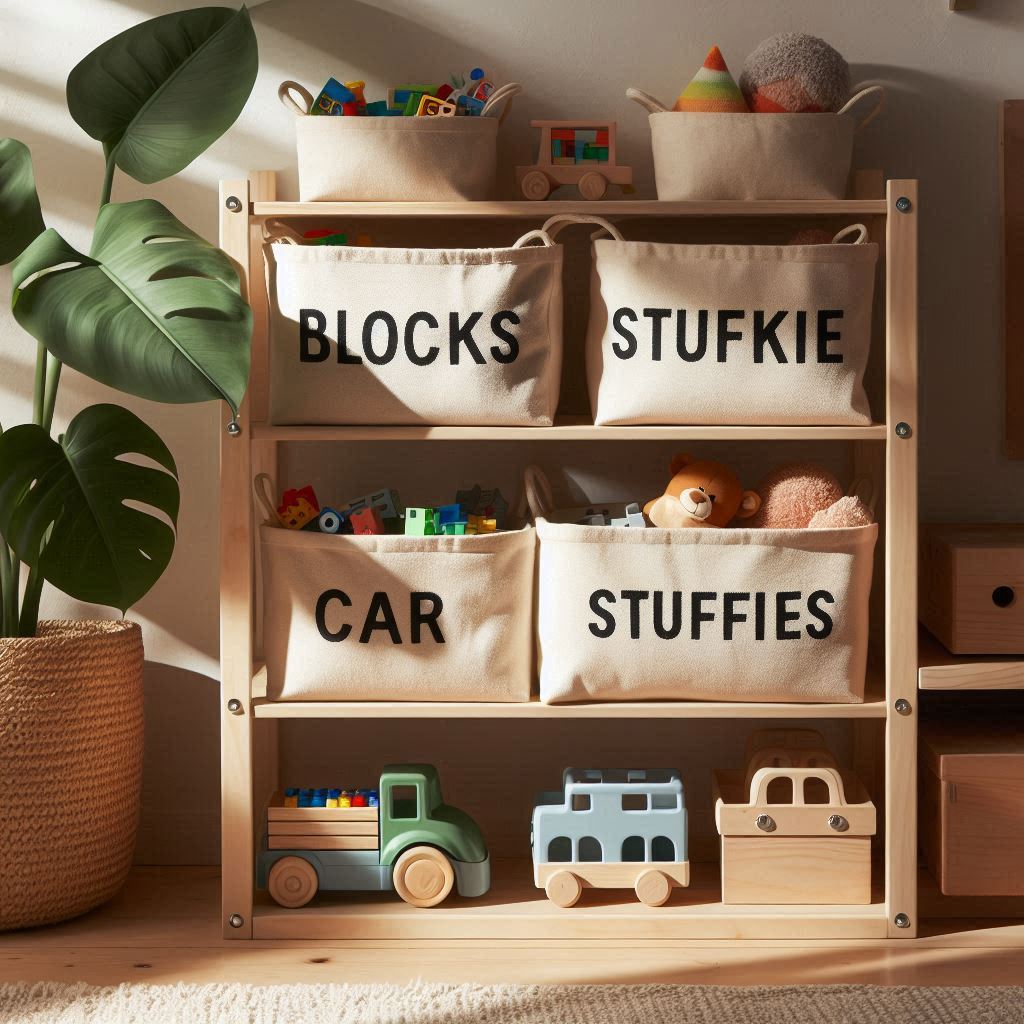 Canvas toy totes labeled with words like 'blocks,' 'stuffies,' and 'cars' neatly arranged on open wooden shelving. The room is softly lit with natural tones, a large leafy plant nearby, and a play mat in front for easy access.