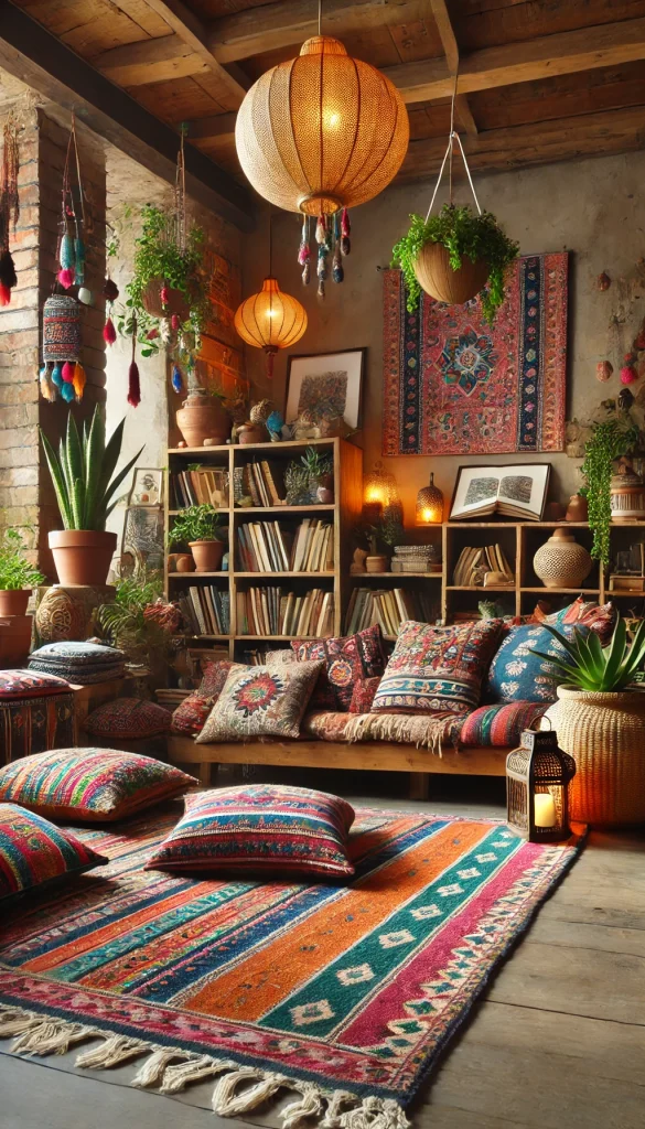 A bohemian-style book nook with eclectic decor, including colorful patterned rugs, floor cushions, and hanging plants. The nook features a wooden bookshelf filled with a mix of books and art pieces, along with vibrant throw pillows and woven baskets. Soft lighting from lanterns and candles creates a warm, inviting atmosphere for a relaxed reading experience.