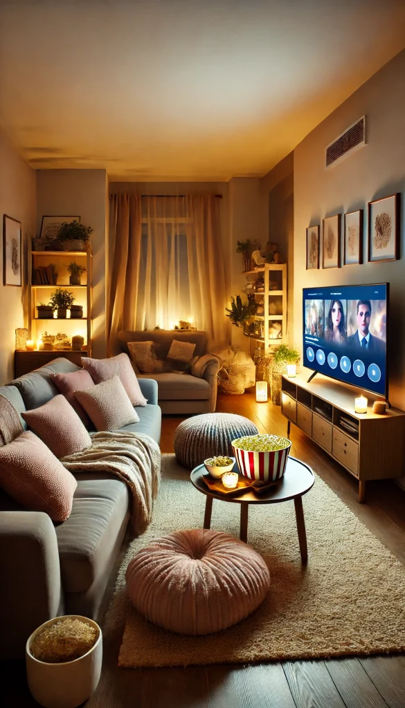 A cozy movie night setup in a small apartment with soft lighting and comfortable seating. The room features a couch with fluffy pillows, a small coffee table with snacks like popcorn and candy, and a flat-screen TV showing a movie. The room is filled with personal touches like plants and framed artwork, creating a welcoming and intimate atmosphere perfect for a relaxing movie night.