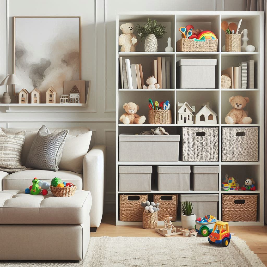 A stylish toy organizer designed to blend with a modern living room. Neutral-toned storage ottomans and baskets hide toys out of sight. A white bookshelf holds a mix of toys and adult decor like vases and books. The space looks elegant yet family-friendly.