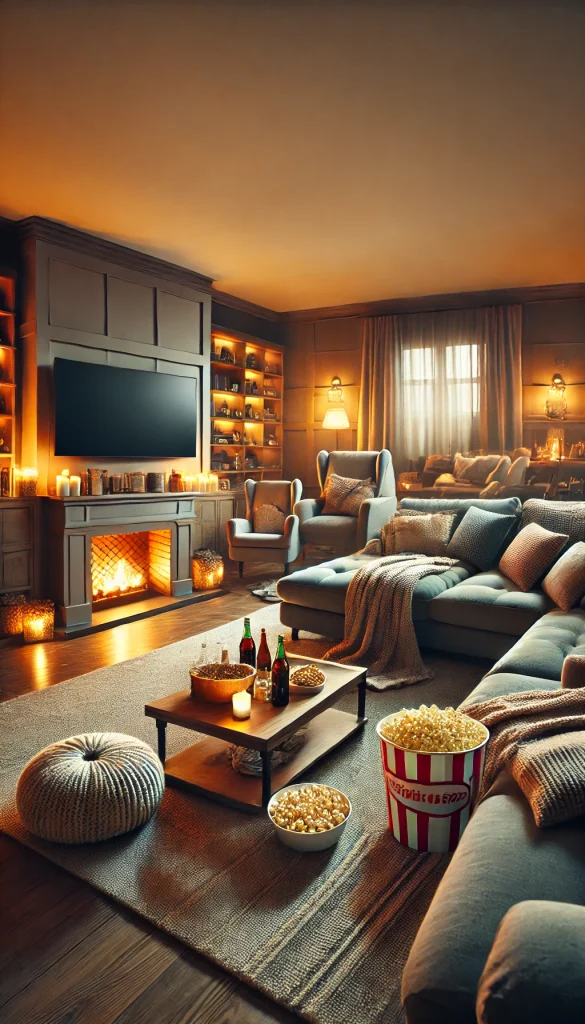 A cozy movie night in a large living room with a fireplace and soft lighting. The room has a mix of modern and traditional decor, with plush armchairs, a large sectional sofa with blankets and pillows, and a coffee table filled with snacks like popcorn, pretzels, and sodas. The room has a relaxed and warm ambiance, perfect for an enjoyable movie night with friends or family.