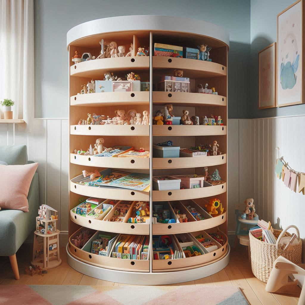 A space-saving rotating toy storage carousel in the corner of a playroom. The carousel has multiple levels of open compartments filled with neatly organized toys like puzzles, books, and small figurines. The wood is painted white with pastel accents. The room has soft lighting and a playful vibe.