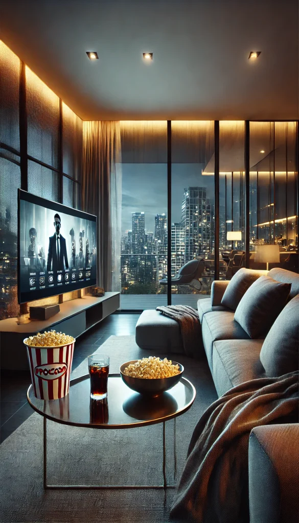 A movie night setup in a sleek modern apartment with floor-to-ceiling windows showcasing a city skyline. The room features a minimalist sofa with plush cushions, a glass coffee table filled with snacks like popcorn and soft drinks, and a large flat-screen TV showing a movie. The lighting is ambient, creating a stylish and cozy atmosphere perfect for a high-end movie night.