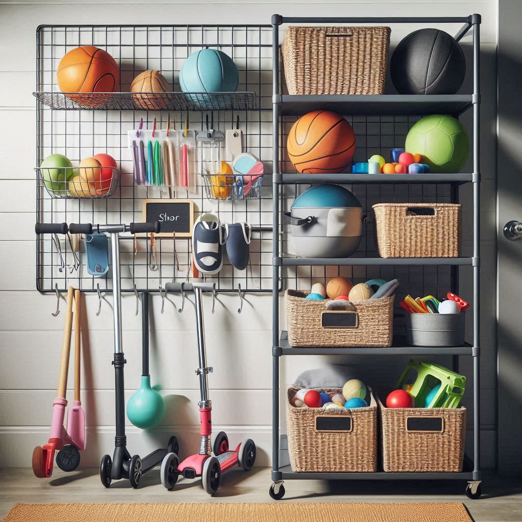 A functional toy organizer in a garage or mudroom, used for storing outdoor toys like balls, scooters, and chalk. Wire baskets, hooks, and labeled shelves are used for organization. The space is clean, organized, and ready for action.