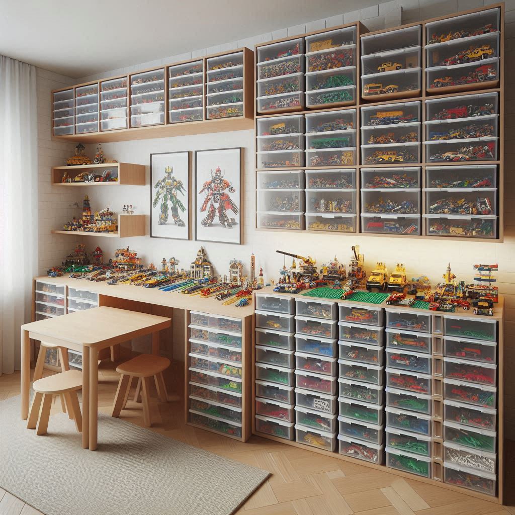 A dedicated Lego storage and display area with clear plastic drawers sorted by color and size. A table is nearby for building, and Lego creations are displayed on floating shelves above. The design is clean, functional, and kid-friendly.