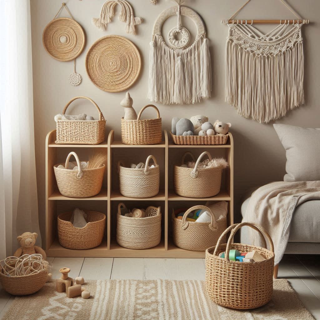 A calming boho nursery with woven baskets used as toy organizers. The baskets are in different sizes and arranged on shelves or corners of the room. Neutral tones dominate the room with macramé wall decor and a soft, textured rug.