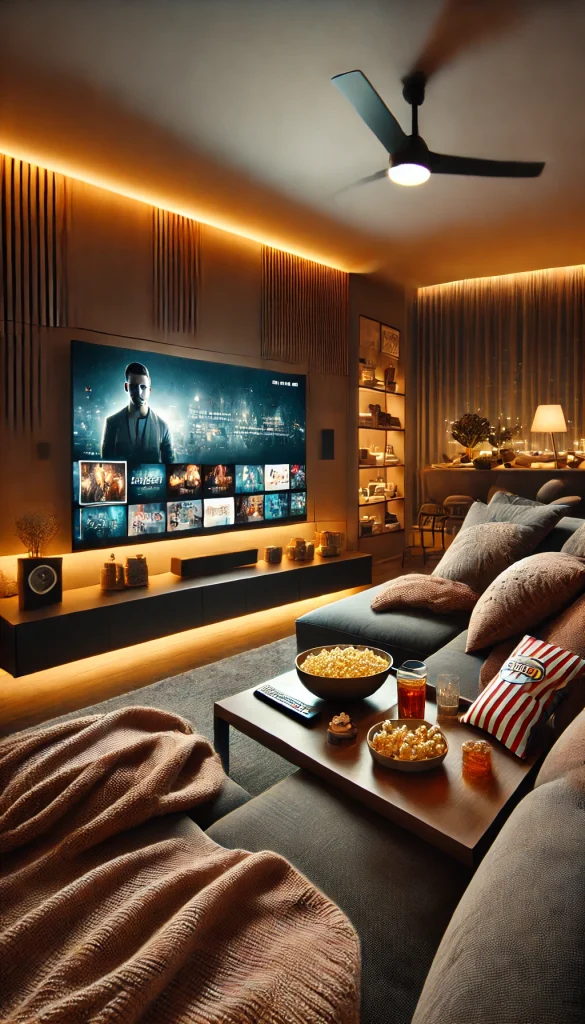 A cozy movie night in a chic apartment with a contemporary feel. The room features a sleek sofa with plush cushions and blankets, a coffee table with a variety of snacks like popcorn, candy, and drinks, and a large flat-screen TV mounted on the wall showing a movie. The lighting is warm and inviting, creating the perfect atmosphere for a relaxing movie marathon.