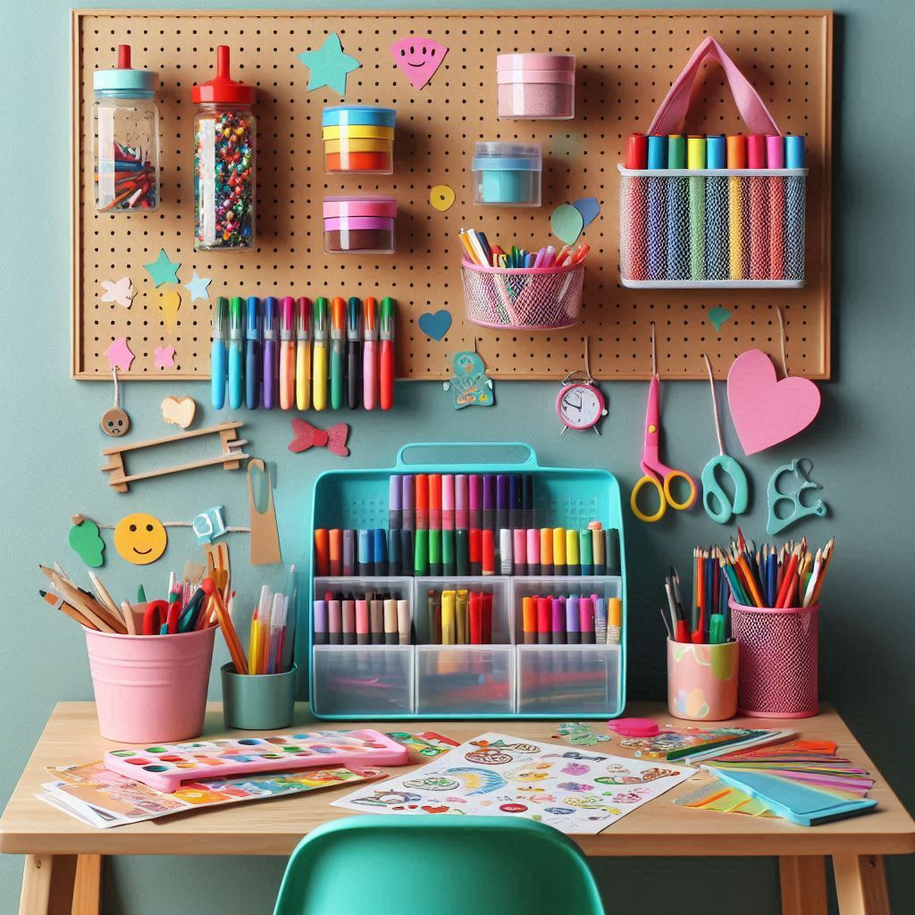 A vibrant, well-organized kids’ art and craft station with a toy organizer full of supplies: markers, crayons, glue, stickers, and colored paper. A small table is set in front, with a pegboard or shelving above holding jars and hanging organizers.