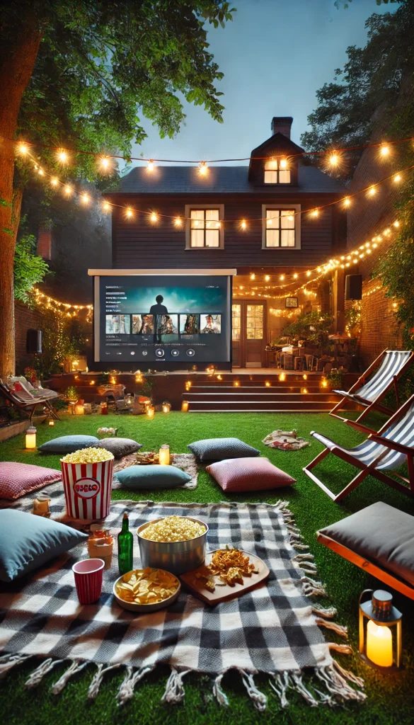 A fun backyard movie night setup with a large projector screen displaying a movie. The space is filled with picnic blankets, cushions, and lawn chairs where people are seated. A table nearby is filled with snacks like popcorn, chips, and drinks. String lights are hanging from the trees, creating a magical atmosphere, perfect for a relaxed and enjoyable outdoor movie experience.