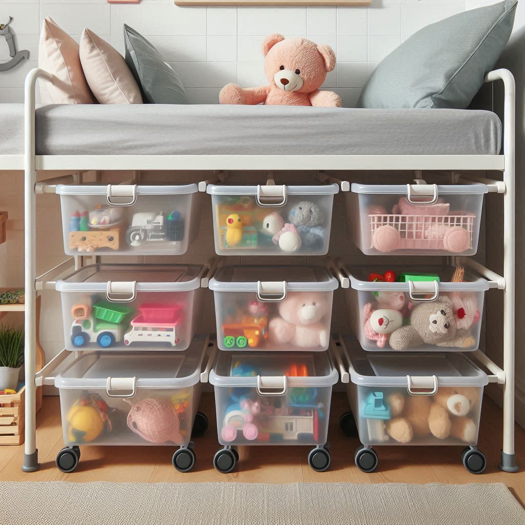 A clever toy organizer for small spaces, using under-bed rolling bins and vertical wall-mounted baskets. The setup is clean and minimal, ideal for a small bedroom or apartment. Toys are neatly arranged in see-through containers and baskets with cute tags.